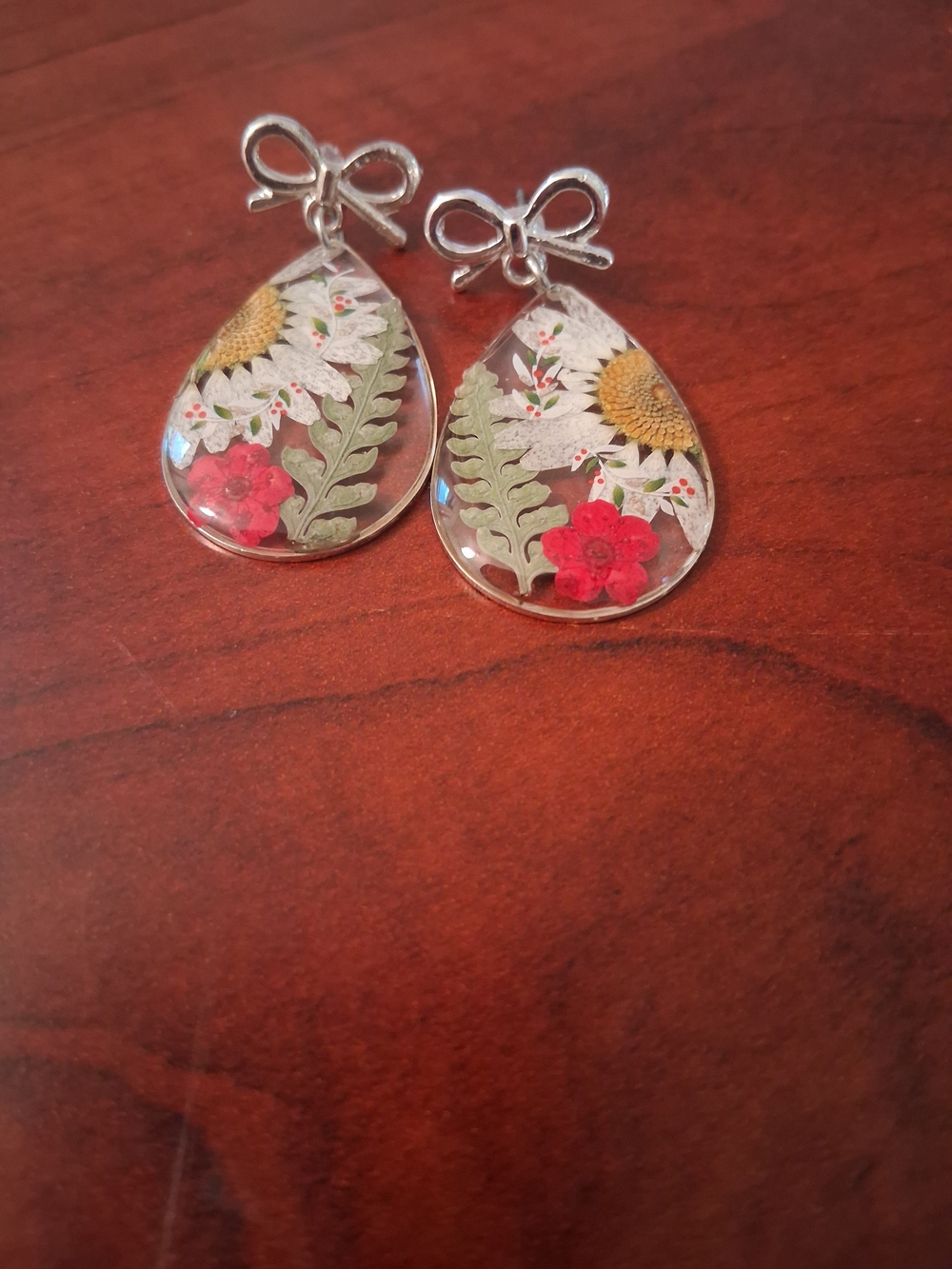Bow-Top Teardrop Earrings with Red Floral Accents
